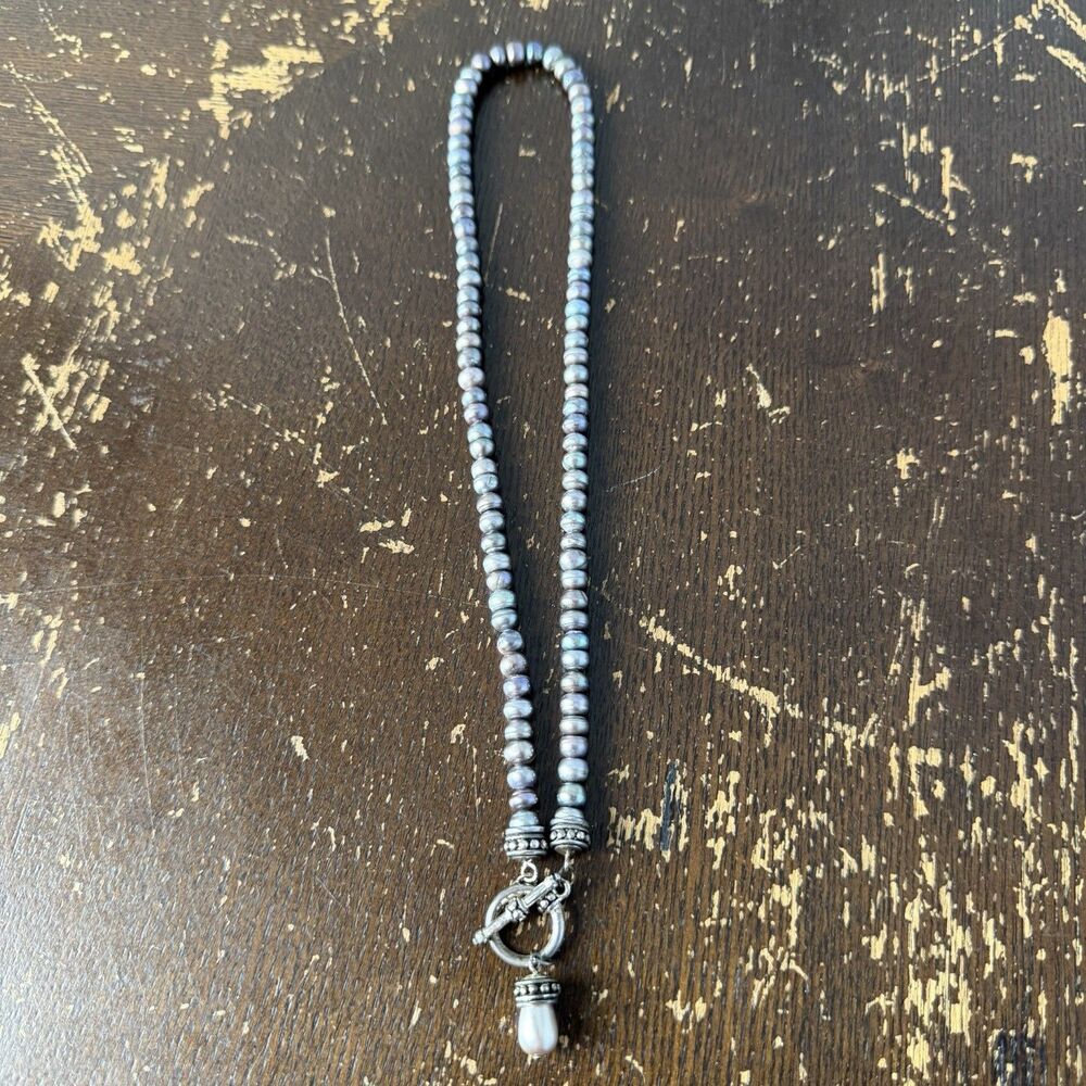 Vintage Metallic Bead Necklace Teardrop Pearl Accent Ornate Silver Tone Clasp